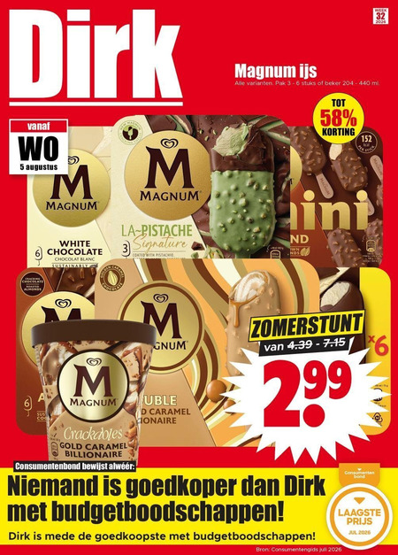 magnum ijslollies 1 3 5 6 32 ijs pak stuks beker ml week white chocolate chocolat blanc king la pistache signature coated with pistachio nds cracking roasted almonds gold caramel billionaire consumentenbond goedkoper consumentengids consumenten bond folder aanbieding bij Dirk Magnum ijslollies folder aanbieding bij Dirk - details