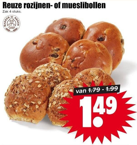 rozijnenbollen mueslibolletjes 4 rozijnen mueslibollen zak stuks folder aanbieding bij Dirk