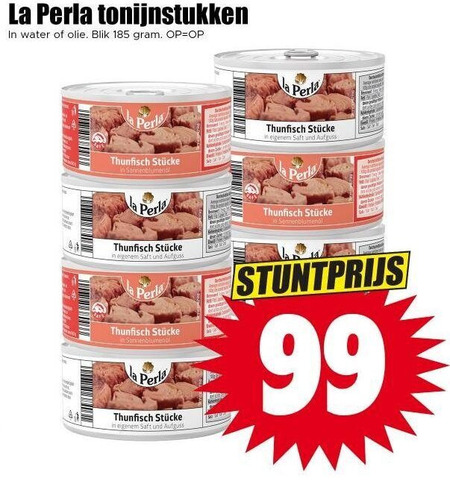 tonijn in blik 99 la perla tonijnstukken water olie folder aanbieding bij Dirk
