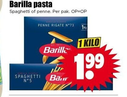 barilla pasta 1 5 spaghetti penne pak rigate 1kg kilo folder aanbieding bij Dirk Barilla pasta folder aanbieding bij Dirk - details