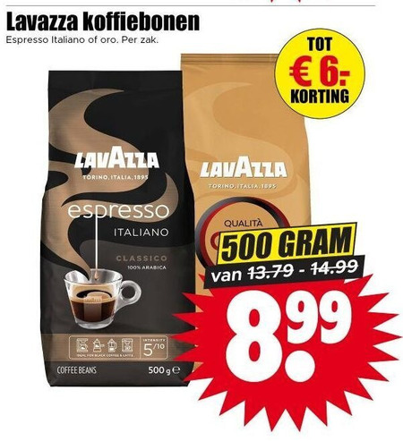 lavazza koffiebonen 6 100 500 espresso italiano zak torino italia classico arabica deal for black intensity 5 10 coffee beans ge qualita folder aanbieding bij Dirk Lavazza koffiebonen folder aanbieding bij Dirk - details