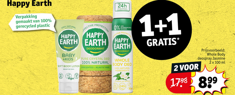 deodorant 1 2 100 happy earth gemaakt gerecycled plastic natural ingredients protection aluminium effective gas alcohol baby kids soft body lotion sensitive skin care crystal deo unscented free whole jasmine wood micro plastics deospray ml folder aanbieding bij Kruidvat
