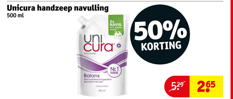 unicura handzeep 1 2 50 250 500 navulling ml 2x navul minder plastic uni cura balans hydraterend beschermt huid antibacterieel nederland folder aanbieding bij Kruidvat Unicura handzeep folder aanbieding bij Kruidvat - details