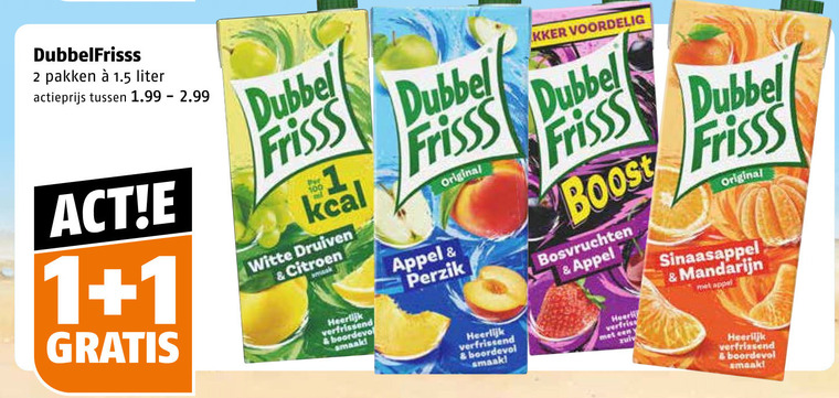 dubbelfrisss fruitdrank 1 2 100 pakken liter actieprijs dubbel frisss witte druiven citroen verfrissend boordevol appel perzik original boost bosvruchten sinaasappel mandarijn folder aanbieding bij Poiesz Dubbelfrisss fruitdrank folder aanbieding bij Poiesz - details