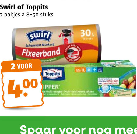 swirl toppits vershoudfolie pedaalemmerzakken 2 30 stuks scheurvast lekvrij fixeerband spaar folder aanbieding bij Poiesz Toppits vershoudfolie, pedaalemmerzakken folder aanbieding bij Poiesz - details