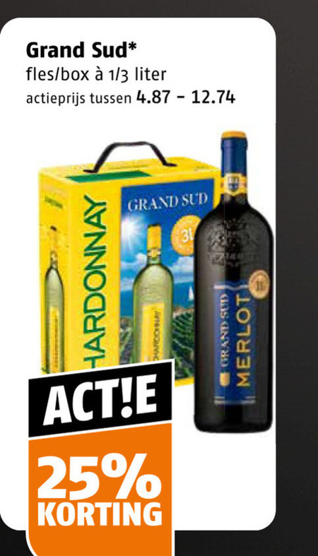 witte wijn rode 14 25 grand fles box 1 3 liter actieprijs chardonnay merlot folder aanbieding bij Poiesz