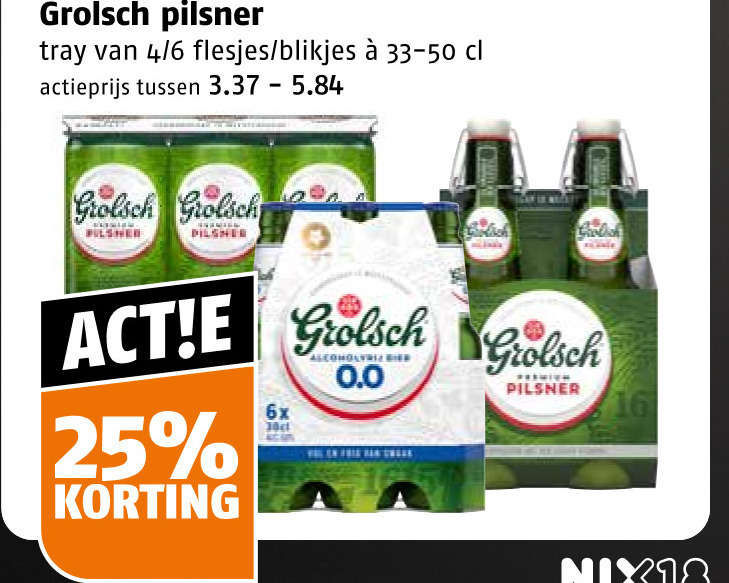 grolsch blikjes bier 25 pilsner tray 4 6 actieprijs bied 0.0 nix18 folder aanbieding bij Poiesz Grolsch blikje bier folder aanbieding bij Poiesz - details