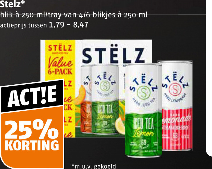 stelz hard seltzer 6 25 250 blik ml tray 4 blikjes actieprijs pack m.u.v gekoeld iced tea lemon lemonade strawberry folder aanbieding bij Poiesz Stelz hard seltzer folder aanbieding bij Poiesz - details