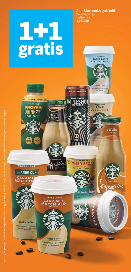 starbucks ijskoffie 1 2 4 50 combinatie productvarianten combineren gekoeld varieeren caramel hazelnut flavour protein drink with coffee caranga cream added sugar caffee latte espresso milk chilled bold lactose free less calories cappuccino 3x co hints coco grande cup macchiato summer escape limited edition pistachio creamy hint r indulgent frappuccino folder aanbieding bij Albert Heijn Starbucks ijskoffie folder aanbieding bij Albert Heijn - details