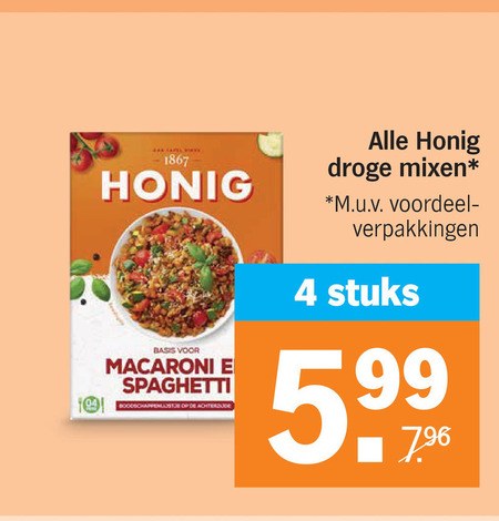 honig maaltijdmix 4 1867 basis macaroni spaghetti boodschappenlijstje droge mixen m.u.v voordeel stuks folder aanbieding bij Albert Heijn Honig maaltijdmix folder aanbieding bij Albert Heijn - details