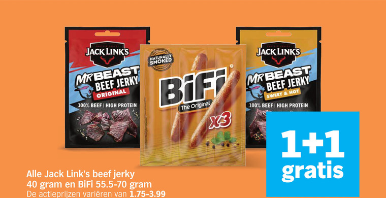 bifi bierworstjes 1 40 100 jack beef original high protein naturally smoked sweet hot varieeren folder aanbieding bij Albert Heijn Bifi bierworstjes folder aanbieding bij Albert Heijn - details
