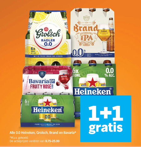 bavaria heineken 0.0 brand grolsch krat bier alcoholvrij 1 6 8 10 69 66000 6x citroen radler frisse wit orion gezuiverd eerst alcohol fruitig 330ml lieshout fruity rosee india zachte 50ml hell blikken reine puur gerstemout kwaliteitsbier m.u.v gekoeld varieeren uur folder aanbieding bij Albert Heijn Heineken krat bier, alcoholvrij bier folder aanbieding bij Albert Heijn - details