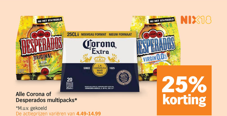 desperados corona speciaalbieren 20 25 100 nix18 original beer nouveau format formaat bottles bouteilles flessen la since cerveza deer licentie ingredients natural origin cerveceria multipacks m.u.v gekoeld varieeren virgin 0.0 citrus folder aanbieding bij Albert Heijn Corona speciaalbier folder aanbieding bij Albert Heijn - details