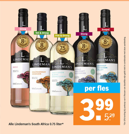 witte wijn rode rose 6 8 10 droog l lindemans south africa western cape fris chardonnay sauvignon blanc stevig la shiraz cabernet stern neutral soepel merlot liter fles 3.99 flessen dezelfde combinatie aanbieding folder aanbieding bij Albert Heijn