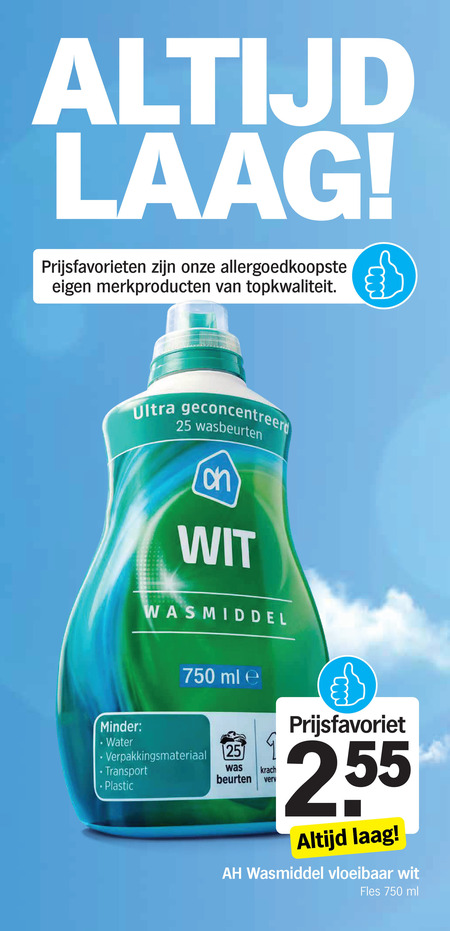 albert heijn huismerk wasmiddel 25 750 laag prijsfavorieten merkproducten ultra geconcentreerd wasbeurten wit ml minder water verpakkingsmateriaal transport beurten vloeibaar fles folder aanbieding bij Albert Heijn Albert Heijn Huismerk wasmiddel folder aanbieding bij Albert Heijn - details