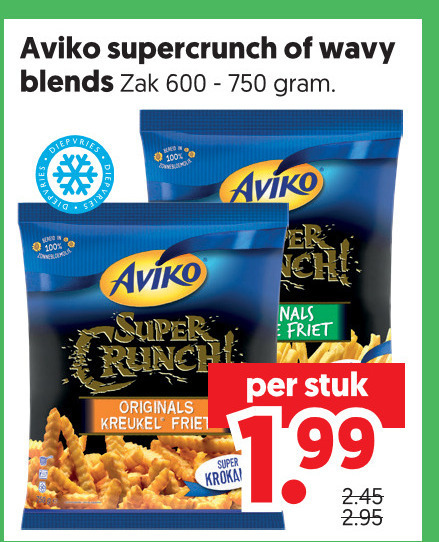 aviko patat 100 600 750 supercrunch blends zak super originals kreukel friet krokant stuk folder aanbieding bij Dekamarkt Aviko patat folder aanbieding bij Dekamarkt - details