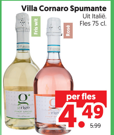 rose witte wijn villa cornaro spumante fris wit rosee fles grigio pinot 5.99 folder aanbieding bij Dekamarkt