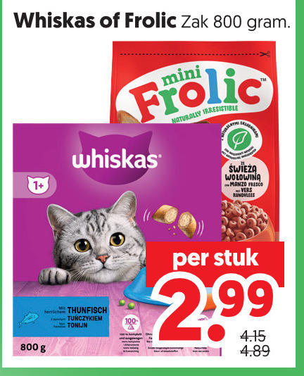 frolic whiskas hondenvoer kattenvoer 100 zak 1 mini naturally irresistible tonijn stuk 2 99 folder aanbieding bij Dekamarkt Whiskas kattenvoer, hondenvoer folder aanbieding bij Dekamarkt - details