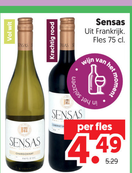 rode wijn witte wit rood sensas frankrijk fles seizoen moment cabernet sa chardonnay folder aanbieding bij Dekamarkt