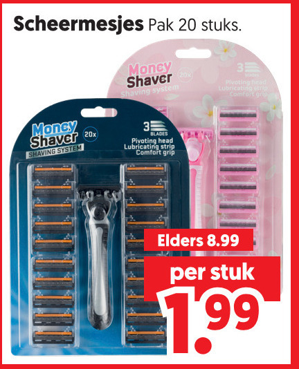 scheermesjes 3 20 200 pak stuks money shaver head strip comfort grip 20x shaving system elders stuk folder aanbieding bij Dekamarkt