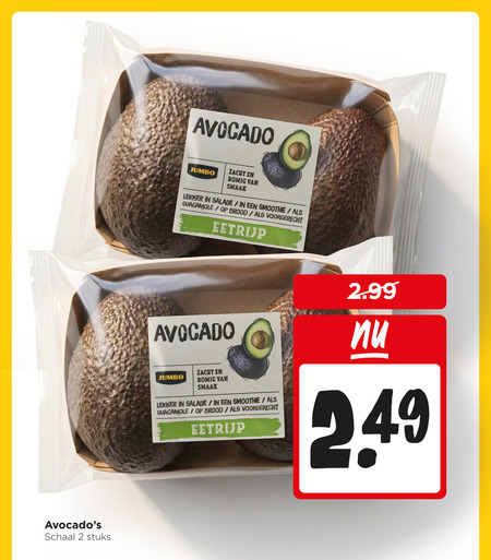 avocado 2 schaal stuks zacht jumbo romig salade smoothie guacamole brood voorgerecht eetrijp folder aanbieding bij Jumbo