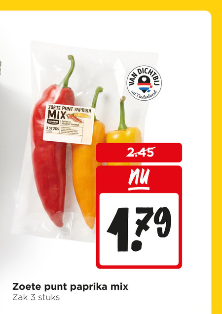 puntpaprika 3 zoete punt paprika mix jumbo stuks klasse buiten koelkast nederland zak folder aanbieding bij Jumbo