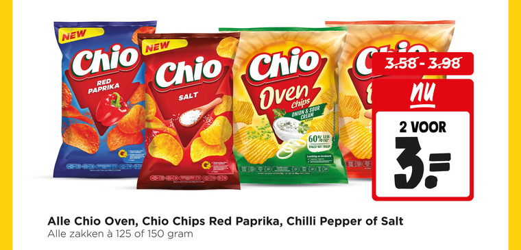 chio zoutjes chips 2 3 40 60 150 new red paprika salt oven onion sour cream flavour pour portion pro 100g less baked fried luchtig krokant chilli pepper zakken folder aanbieding bij Jumbo Chio zoutje, chips folder aanbieding bij Jumbo - details
