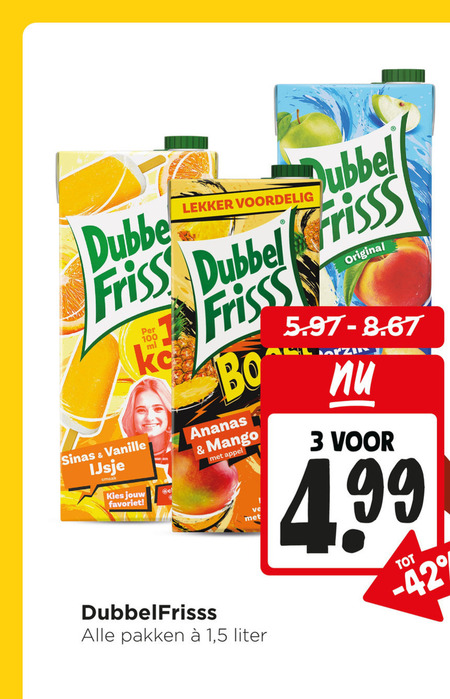dubbelfrisss fruitdrank 3 100 dubbel sinas vanille ijsje favoriet ml frisss ananas mango appel pakken 1 5 liter original folder aanbieding bij Jumbo Dubbelfrisss fruitdrank folder aanbieding bij Jumbo - details