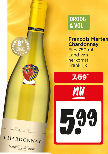 witte wijn 750 8 hamersma droog francois chardonnay fles ml land france bouteille beaune frankrijk 5.99 folder aanbieding bij Jumbo