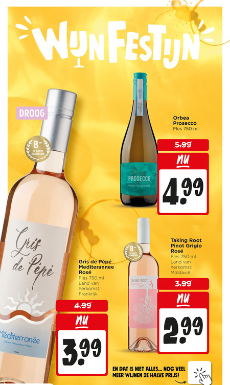 witte wijn rose 750 droog hamersma prosecco fles ml denominazione origine vino frizzante 5.99 4 99 mediterannee rosee land frankrijk 3.99 taking pinot grigio blush wijnen 2e halve folder aanbieding bij Jumbo
