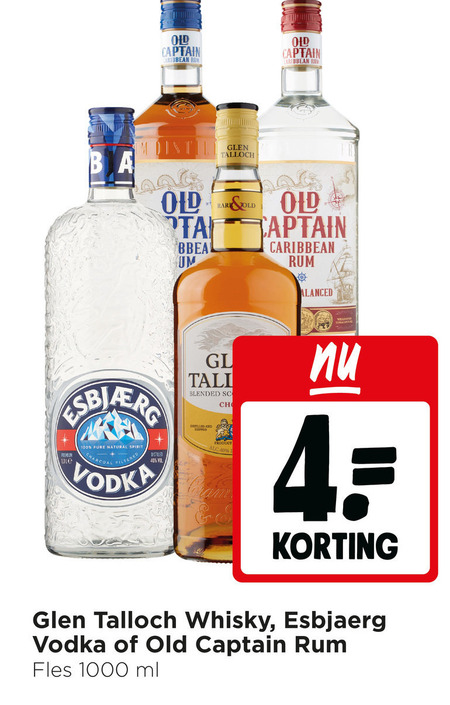 esbjaerg glen talloch old captain whisky rum wodka 4 40 100 1000 caribbean bar natural spirit vodka blended fles ml folder aanbieding bij Jumbo Esbjaerg wodka, rum folder aanbieding bij Jumbo - details