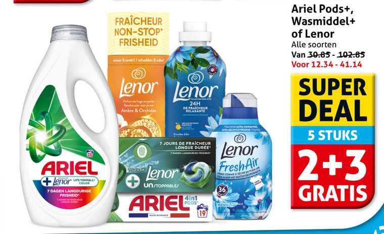 lenor ariel wasverzachter wasmiddel 2 3 5 7 36 stop touch color dagen fraicheur longue schudden parfum linge perles geurbooster ambre collection etre relaxante ontspannende touche essentielle que france 4in1 ultra geconcentreerde fresh air fris buiten frais plein ochtendfris odor defense soorten super deal stuks folder aanbieding bij Hoogvliet Ariel wasmiddel, wasverzachter folder aanbieding bij Hoogvliet - details