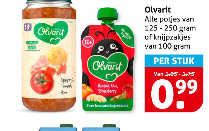 olvarit babyvoeding 18 100 natuurlijke 12 potjes knijpzakjes stuk spaghetti tomaat ham banana kiwi strawberry natural ingredients folder aanbieding bij Hoogvliet Olvarit babyvoeding folder aanbieding bij Hoogvliet - details