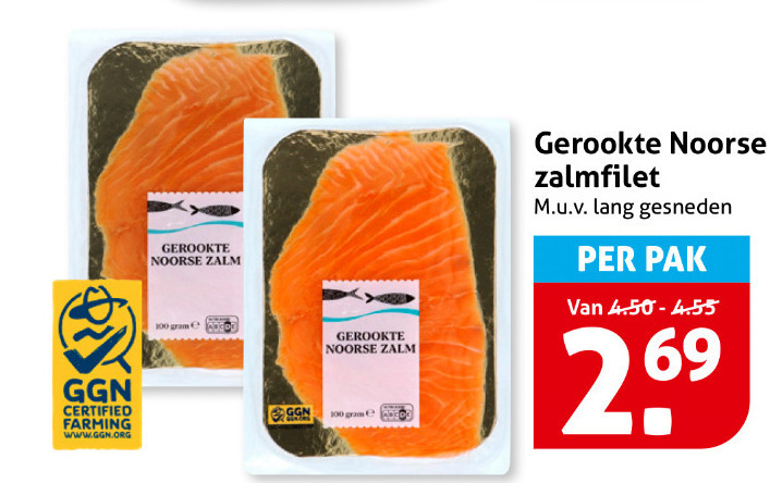 gerookte zalmfilet 100 certified farming noorse zalm co lang gesneden pak folder aanbieding bij Hoogvliet