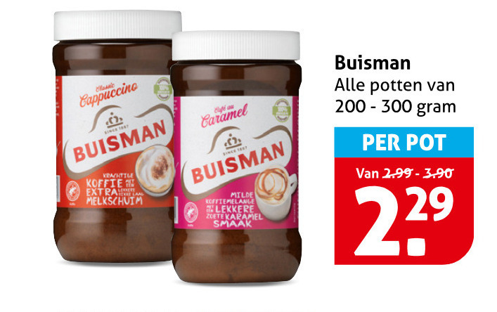 buisman oploskoffie classic cappuccino koffie melkschuim milde koffiemelange zoete karamel potten pot folder aanbieding bij Hoogvliet Buisman oploskoffie folder aanbieding bij Hoogvliet - details