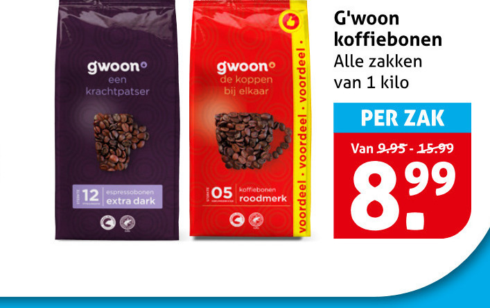 gwoon koffiebonen 1 12 krachtpatser espressobonen dark koppen roodmerk voordeel zakken kilo zak folder aanbieding bij Hoogvliet Gwoon koffiebonen folder aanbieding bij Hoogvliet - details