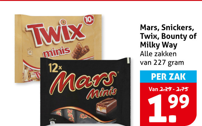 bounty mars twix snickers milky way mini chocoladerepen 10 12 minis zakken zak folder aanbieding bij Hoogvliet Twix mini chocoladerepen folder aanbieding bij Hoogvliet - details