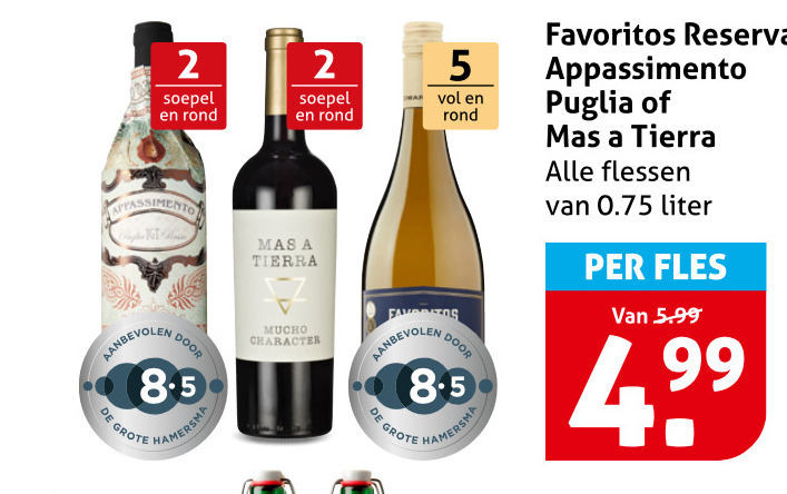 witte wijn rode 2 5 soepel rond passimento hamersma tierra mucho character favoritos reserva appassimento puglia flessen liter fles 5.99 folder aanbieding bij Hoogvliet