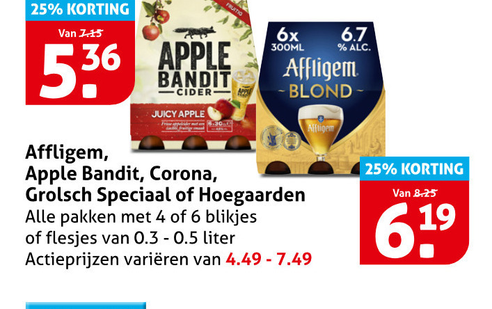 apple bandit grolsch hoegaarden corona affligem speciaalbieren 4 6 25 juicy 6x 300ml blond pakken blikjes liter varieeren folder aanbieding bij Hoogvliet Corona speciaalbier folder aanbieding bij Hoogvliet - details