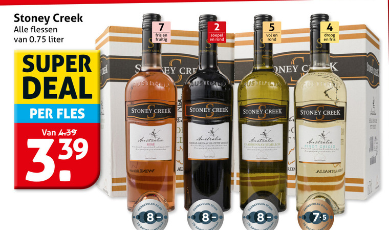 rode wijn witte rose 2 4 5 7 8 droog fris stoney creek flessen liter super deal fles fruitig soepel rond australie australia shiraz grenache petit chardonnay semillon hamersma pinot grigio folder aanbieding bij Hoogvliet