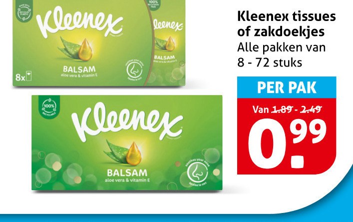 kleenex zakdoeken tissues 8x balsem aloe vera vitamin zakdoekjes pakken stuks pak folder aanbieding bij Hoogvliet Kleenex zakdoek, tissue folder aanbieding bij Hoogvliet - details