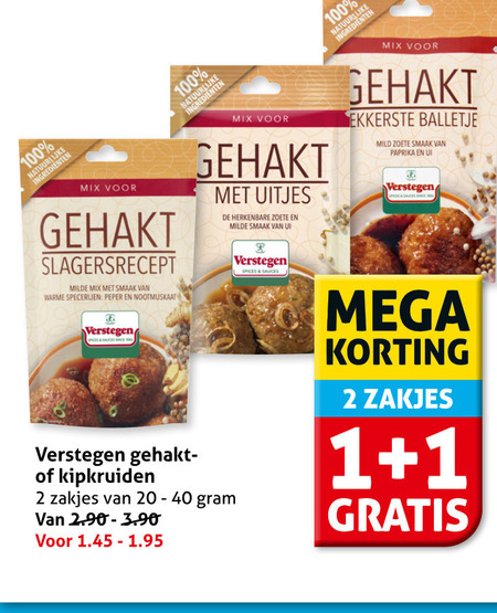 verstegen kruiden 1 2 20 40 100 ingredienten mix gehakt milde warme specerijen peper nootmuskaat uitjes zoete ui spices sauces balletje mild paprika r gehaktballen kipkruiden zakjes mega folder aanbieding bij Hoogvliet Verstegen kruiden folder aanbieding bij Hoogvliet - details