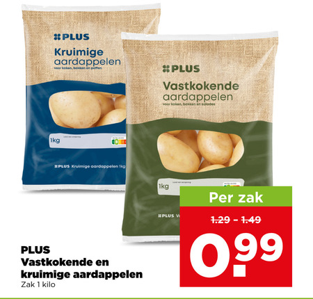 aardappelen 1 kruimige koken bakken poffen 1kg vastkokende salades zak kilo 99 folder aanbieding bij Plus