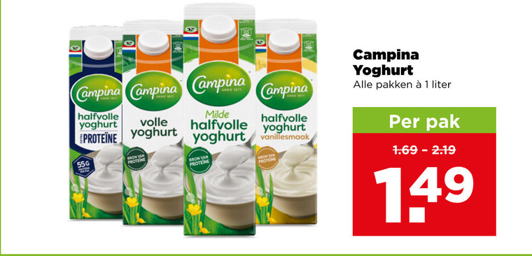 campina yoghurt 1 halfvolle volle proteine anno pakken liter milde vanillesmaak pak folder aanbieding bij Plus Campina yoghurt folder aanbieding bij Plus - details