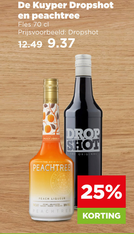 de kuyper dropshot likeur 25 peachtree fles peach liqueur drop shot original folder aanbieding bij Plus Dropshot likeur folder aanbieding bij Plus - details