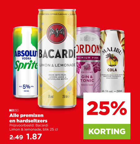 bacardi gordons hard seltzer mixdrank 5 25 250 with natural citrus flavours absolu vodka sprite limon lemonade premium pink rum lemon juice sparkling water gin tonic perfectly mixed cola drink white coconut ml nix18 premixen blik folder aanbieding bij Plus Gordons mixdrank, hard seltzer folder aanbieding bij Plus - details