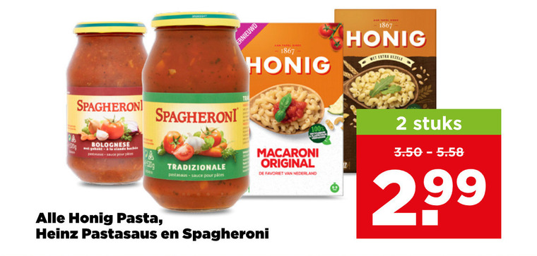 honig heinz spagheroni pasta pastasaus 2 100 1867 bolognese sauce pour pates tradizionale macaroni original favoriet nederland stuks 99 folder aanbieding bij Plus Heinz pastasaus, pasta folder aanbieding bij Plus - details