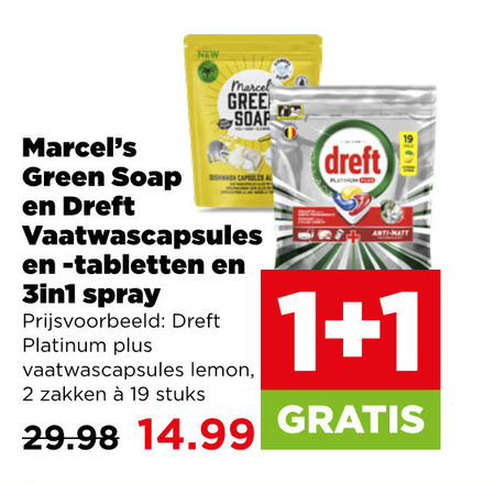 dreft vaatwasmiddel afwasmiddel 1 2 19 green soap new marcel capsules vaatwascapsules tabletten spray platinum lemon zakken stuks anti matt folder aanbieding bij Plus Dreft afwasmiddel, vaatwasmiddel folder aanbieding bij Plus - details