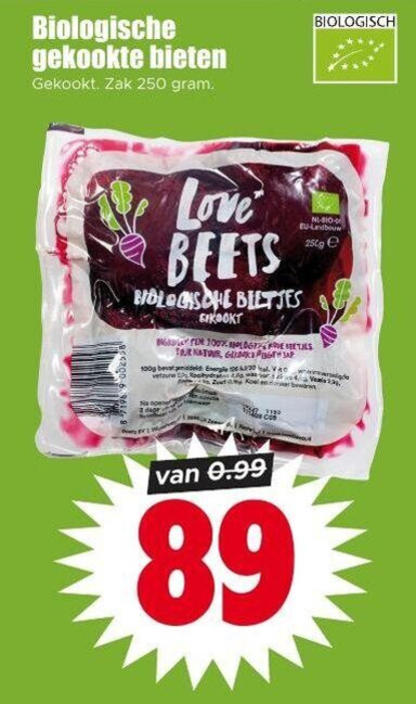 bietjes 2 100 250 biologische gekookte bieten gekookt zak biologisch love natuur 100g energie 12 30 doelen folder aanbieding bij Dirk