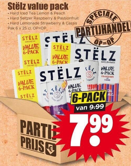 stelz hard seltzer 6 25 pack iced tea lemon peach raspberry passionfruit lemonade strawberry cassis pak stel party folder aanbieding bij Dirk Stelz hard seltzer folder aanbieding bij Dirk - details